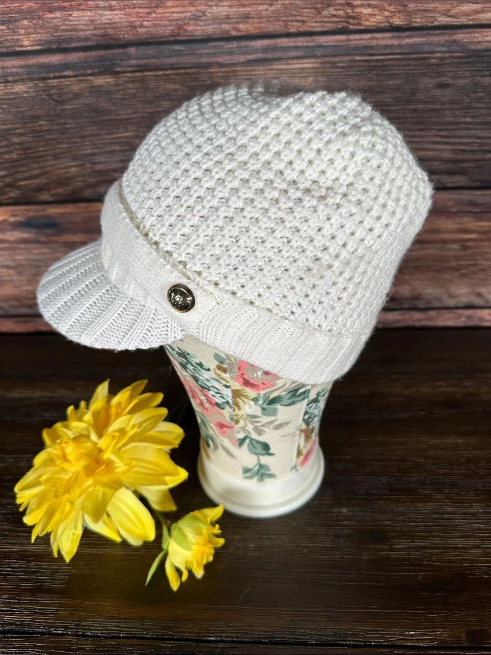 Michael Kors Cream Knit Visor Beanie with Logo Button